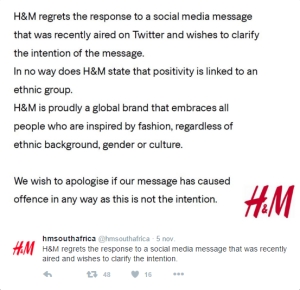 Skärmdump på H&M South Africas officiella uttalande efter den kritikerstorm de mötts av på Twitter och i flera av Sydafrikas medier